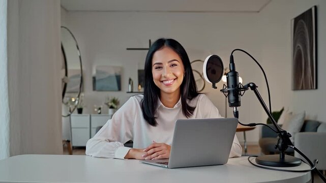 Smiling young caucasian UGC content creator woman with black hair creating content at home