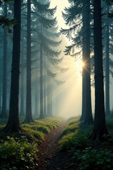 Misty forest with tall trees and soft glow , glow, misty