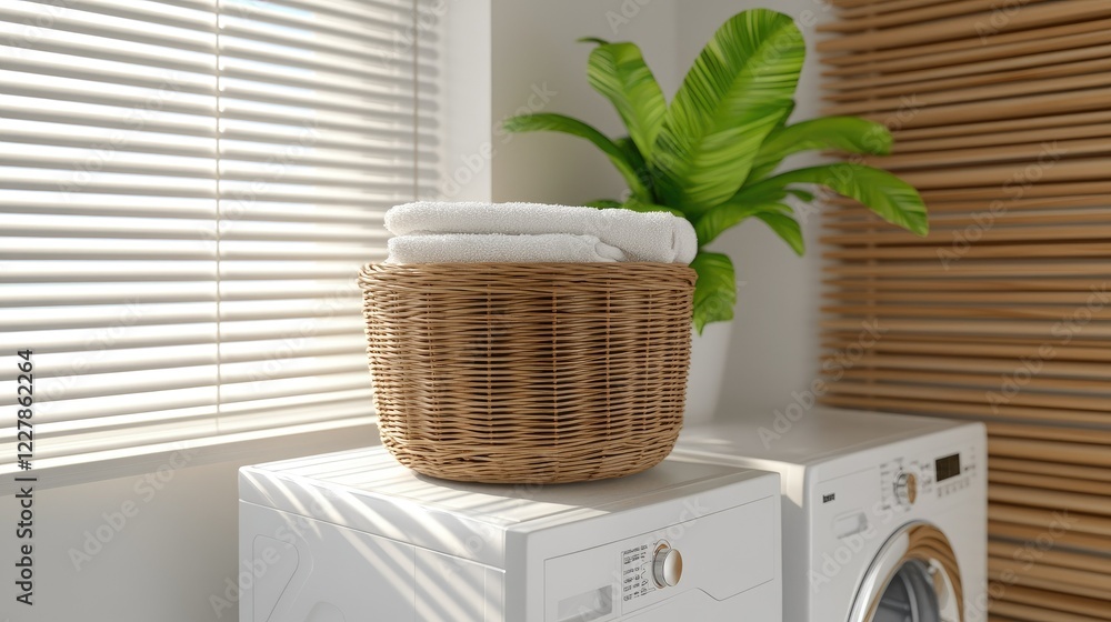 Poster clean towels neatly arranged in a wicker basket on a laundry room countertop with a modern design du