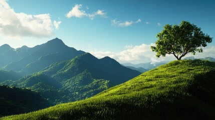 Fototapeta premium Serene Mountain Landscape with Green Hills and Isolated Tree