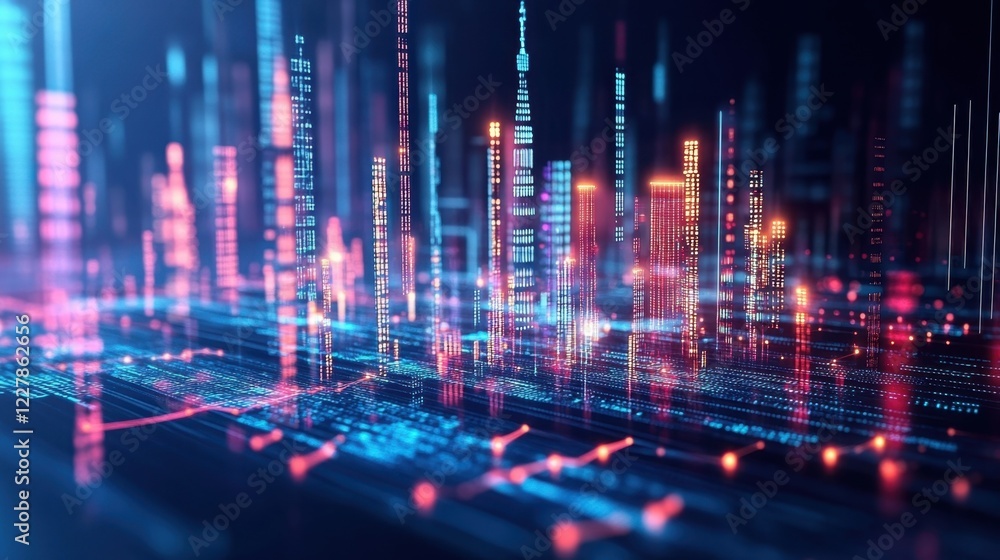 Poster a kaleidoscopic array of data points swirls through a holographic city emphasizing the digital trans