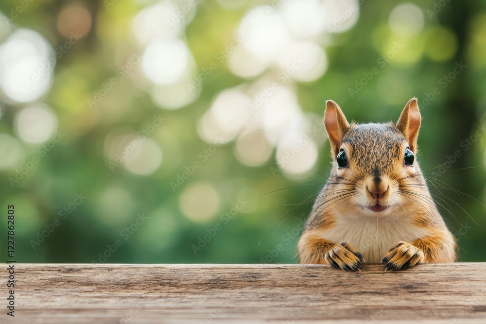 Aufkleber squirrel peeks over a wooden table in a serene forest setting, surrounded by soft sunlight and a pea