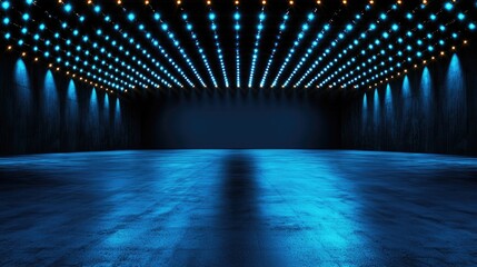 Modern empty stage with vibrant blue lights in a dark space