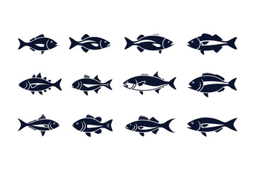 Fish Vector Icons Set | Outline Fish Icons & Fishing Symbols | Seafood Vector Illustration