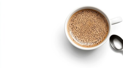 Freshly brewed coffee in a white cup with frothy surface and a silver spoon on the side placed on a light background