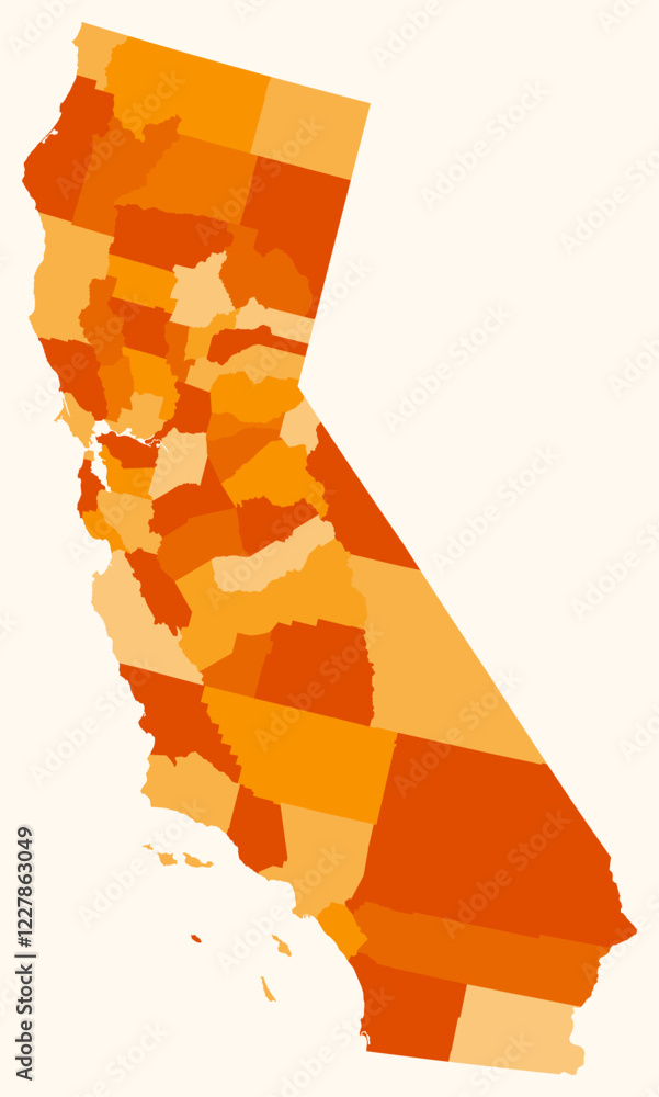 Poster map of california with counties. just a simple state border map with county division. orange color p