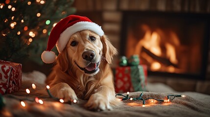 festive golden retriever in santa hat by cozy fireplace
