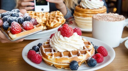 Indulge in a delightful breakfast at a charming café, where fluffy waffles are generously adorned with whipped cream and fresh berries!