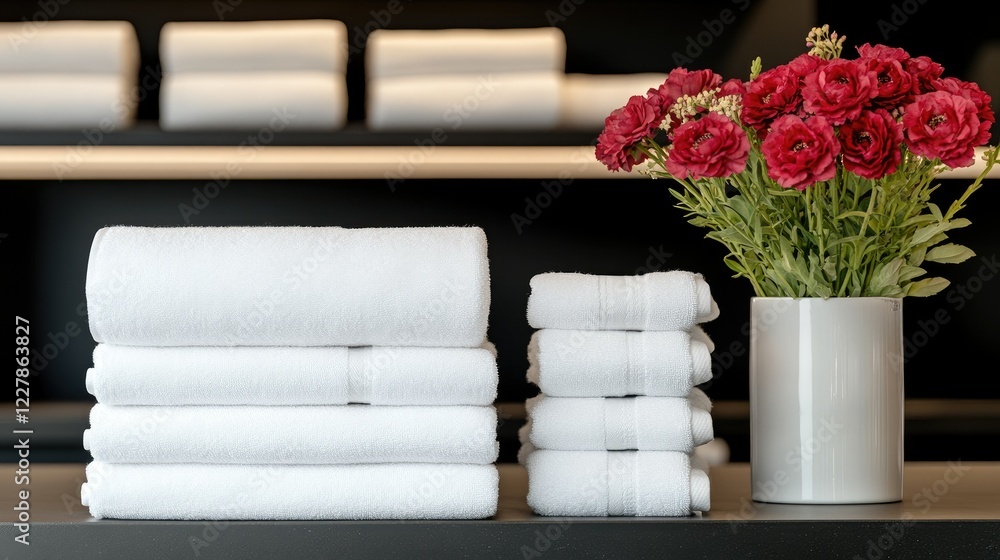 Poster neatly stacked white towels and a vibrant flower arrangement on a modern shelf in a spa setting with