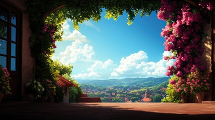 Serene View of Lush Landscape Framed by Colorful Flowers and Sky