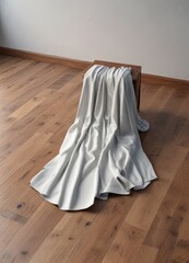Obraz premium Minimalist clothing draped over a wooden floor , abstract background, fashion brand stock photos