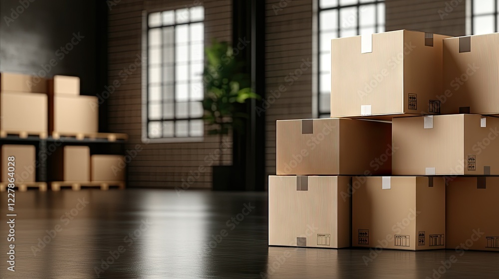 Poster stacks of cardboard boxes in a modern warehouse with natural light filtering through large windows i