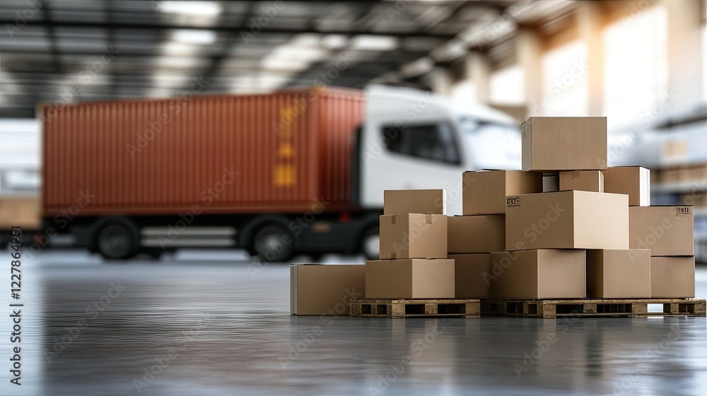 Poster workers unload cardboard boxes from a delivery truck in a large warehouse setting during daytime ope