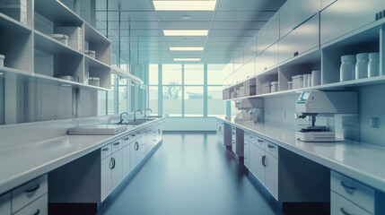 A clean and organized laboratory with white cabinets, sinks, and a large window.