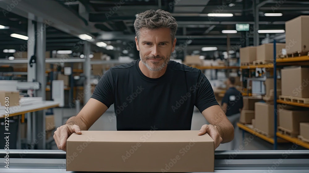 Poster worker in a warehouse prepares a package for shipment while smiling at the camera in a bustling dist