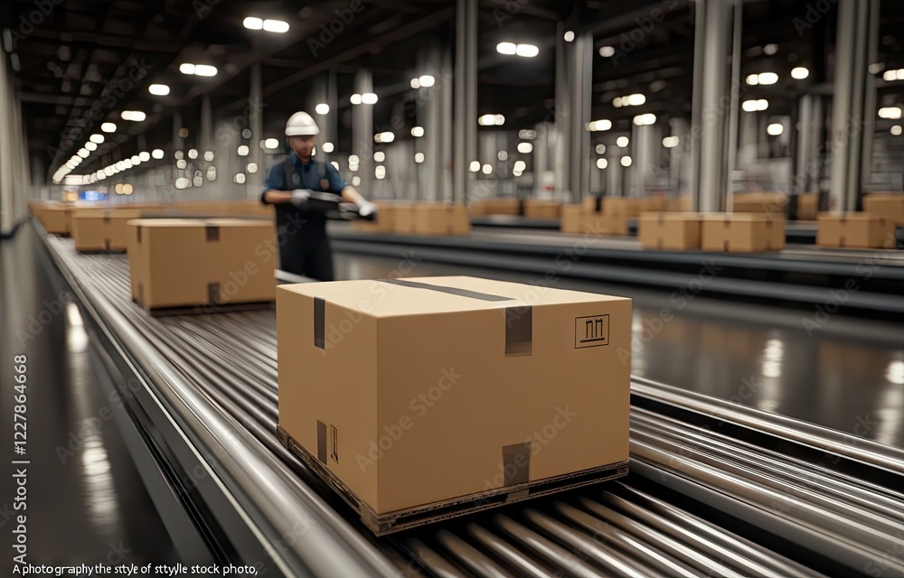 Poster during daylight hours, workers skillfully and efficiently handle and sort packages as they move alon