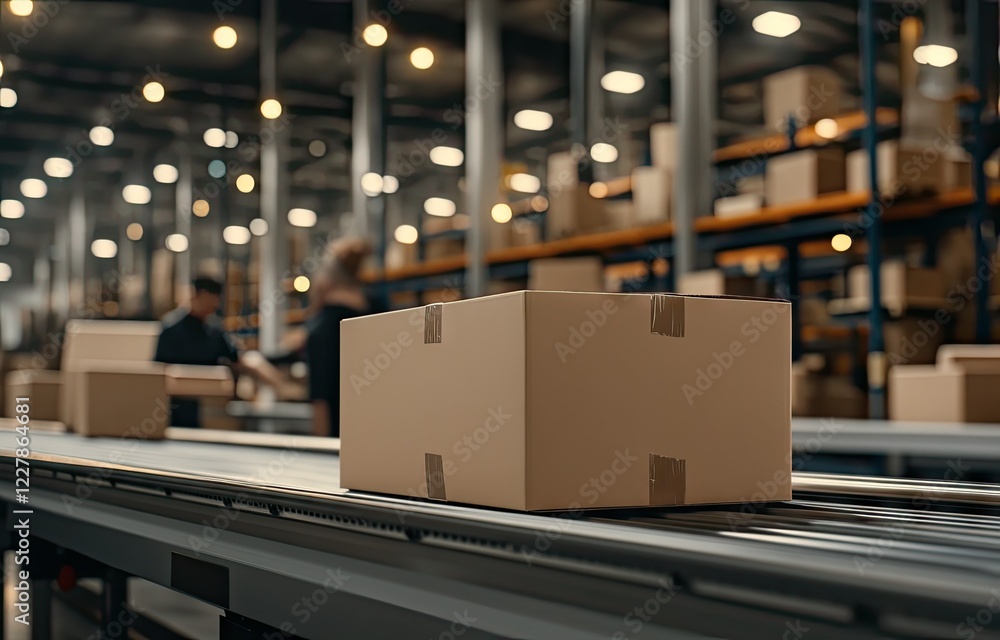 Poster workers manage packaging and sorting of cardboard boxes in a warehouse during evening hours for effi
