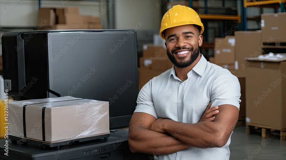 Poster smiling worker stands confidently by a large monitor and package in a busy warehouse environment dur