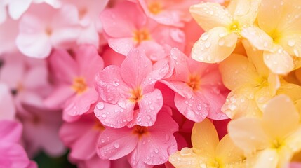 Vibrant blossoms in pink, yellow, and white tones with delicate raindrops, creating a serene and natural aesthetic.