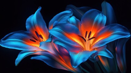 Glowing blue lilies, dark background, vibrant floral art, website banner