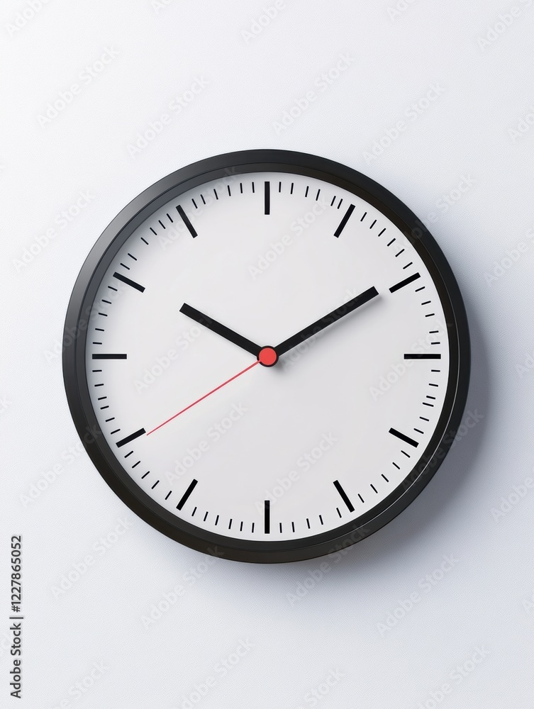 Poster modern wall clock displaying time with minimalist design and contrasting colors on a white backgroun