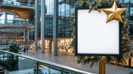 Festive display with a blank sign surrounded by holiday decorations in a modern retail space during the winter season