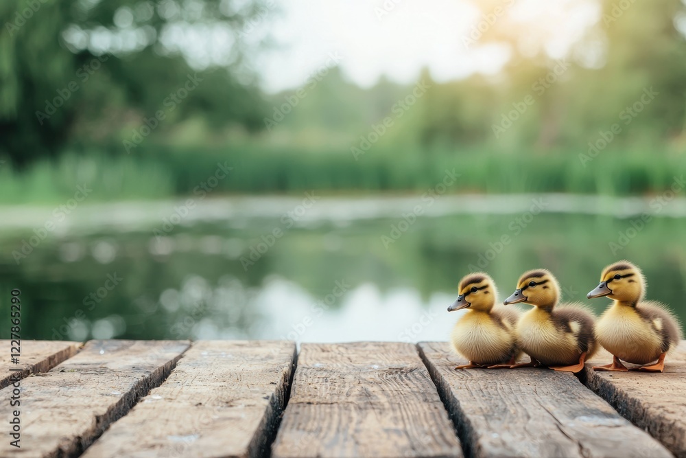 Poster Three ducklings relax on a wooden table near a grassy pond, surrounded by gentle natural light, creating an inviting wildlife environment