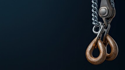 Heavy duty lifting equipment hangs in a dark setting, showcasing the intricate mechanics of chains and hooks used in construction or industrial applications