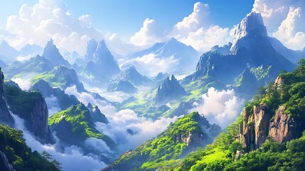 Naklejka premium Gorgeous mountain landscape with vibrant green forests and clear sky