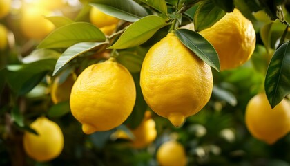 close up of ripe yellow lemons on tree