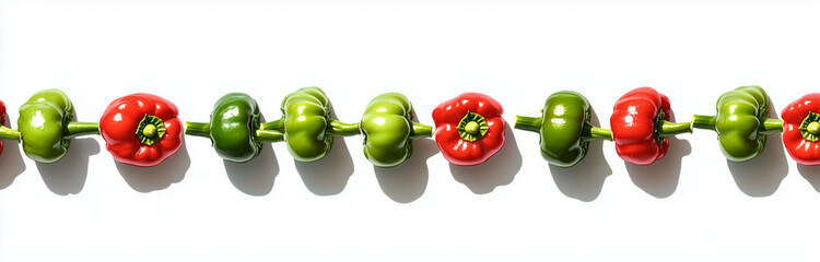 Red and green peppers arranged in an isolated line on a white background