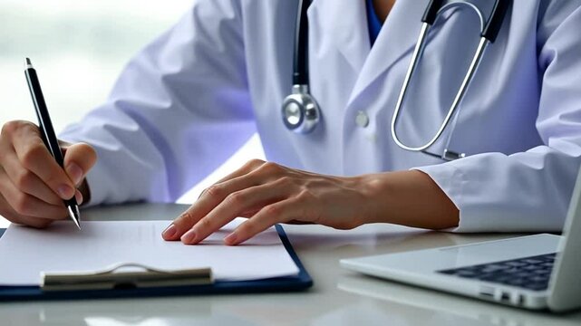 Doctor Writes Medical Report in Office or Nurse Completes Patient Paperwork