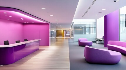 Modern Office Lobby with Purple Accents and Seating