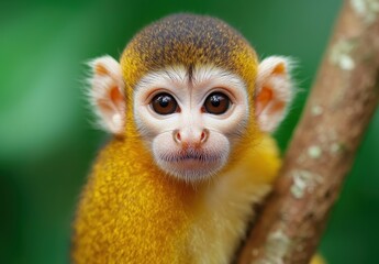 Fototapeta premium Playful squirrel monkey in tropical jungle wildlife photography natural habitat close-up view cute animal concept
