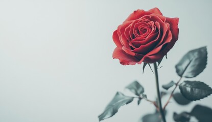 Red Rose Isolated on White Background with Long Stem and Green Leaves, Valentine's Day or Wedding Decoration, Love Concept, Copy Space for Text, Banner or Poster