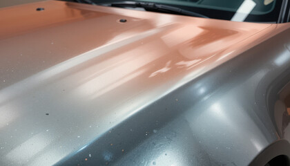 Fototapeta premium Close-up of a car hood showing a metallic paint finish.