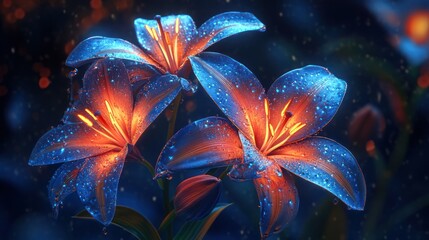 Glowing blue lilies, night garden, dew drops, fantasy art, website banner