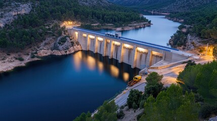 Fototapeta premium As the dawn breaks, the tranquil water reservoir mirrors the soft glow of lights and the beauty of nature, nestled amid majestic mountains