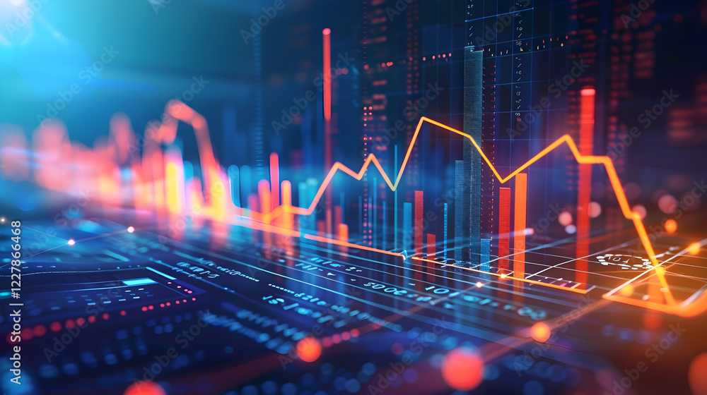 Poster abstract digital data visualization with graphs and charts in vibrant colors.