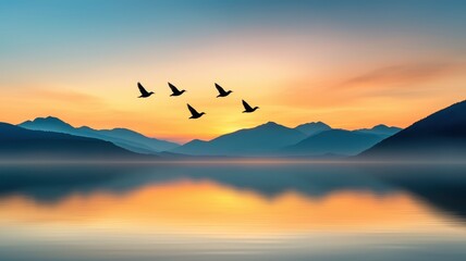 Fototapeta premium Flock of birds flying over calm lake at sunset gigapixel image serene nature scene peaceful environment