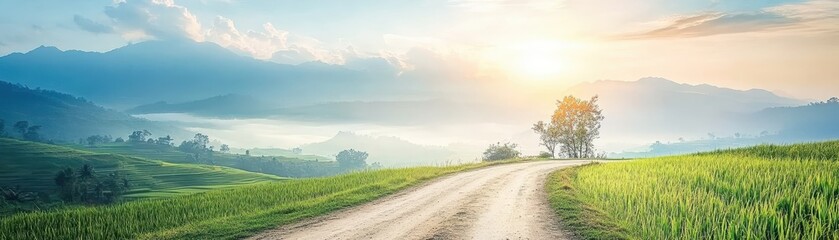 Winding dirt road leading to majestic mountain range, scenic journey into nature's embrace