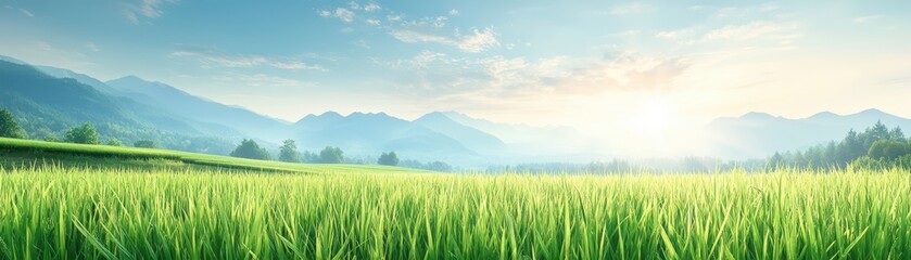 Fototapeta premium Breathtaking mountain vista, serene landscape of lush green grass field and majestic peaks