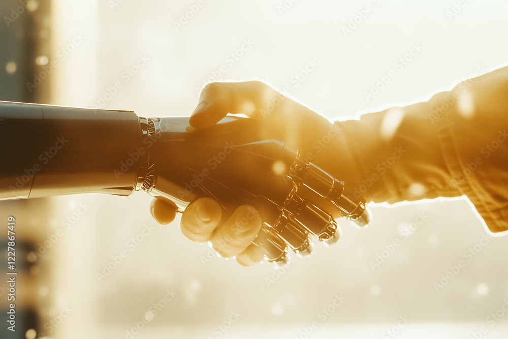 Poster midday light highlights a dynamic interaction where a human hand and a robotic arm engage in a hands