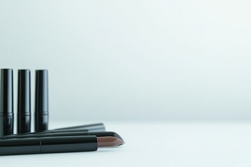 Obraz premium close-up of biodegradable makeup packaging including mascara tubes and lipstick cases arranged on clean white surface