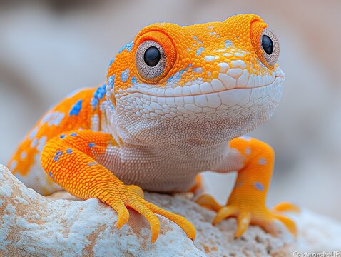 Close up portrait of a orange and blue spotted gecko perched on a light rock - Powered by Adobe