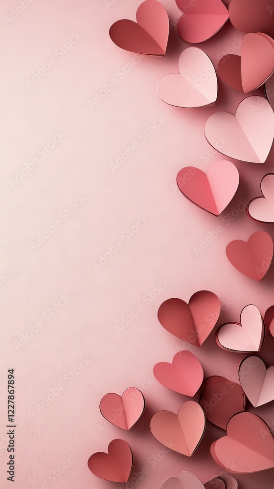 Poster colorful hearts in various shades create a dynamic layout on a soft pink background for decoration o