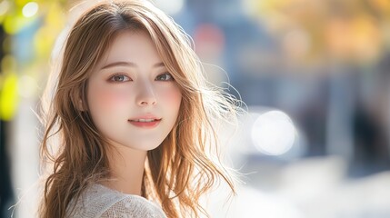 close up woman face portrait with calm and optimistic vibes,  smiling young Japanese woman at city street 