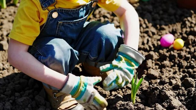little boy planting flowers in a garden as part of an Easter tradition