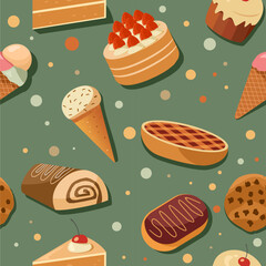 Seamless pattern with various cakes, breads and ice creams
