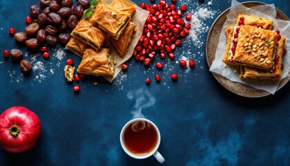Fototapeta premium A high-angle, food flat lay showcasing a selection of Middle Eastern pastries, likely baklava or similar, alongside dates, pomegranate seeds, and a cup of tea